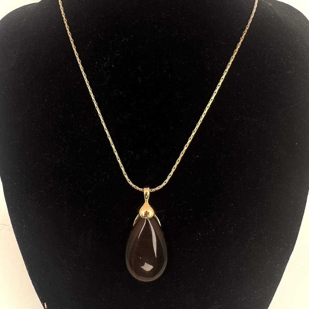 Vintage Brown Amber Toned Faux Tigers Eye Tear Drop Goldtone Chain Pendant 18"